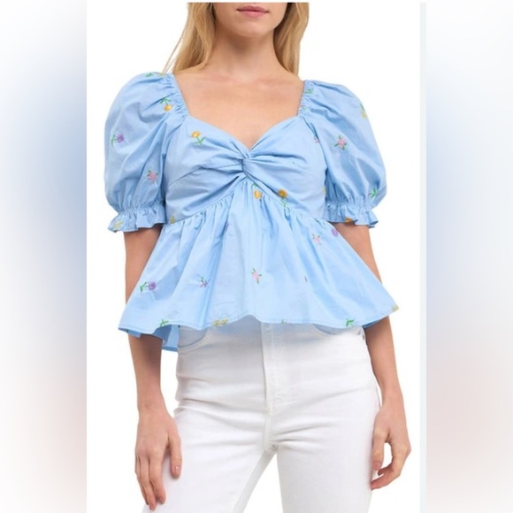 ENGLISH FACTORY Floral Embroidered Puff Slv Babydoll Powder Blue Multi XS *flaw - Picture 2 of 16